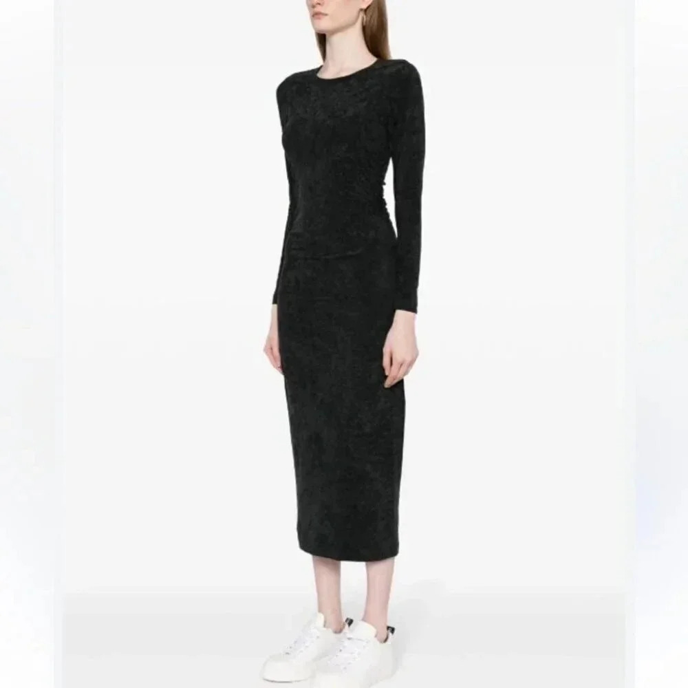 James Perse Green Ruched Velvet Long Sleeve Dress 0